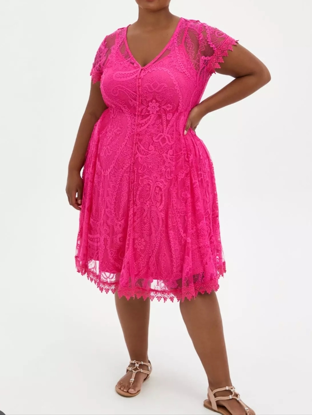 Women's Pink Button Down Lace V-Neck Mini Dress Size 2X See Measurements